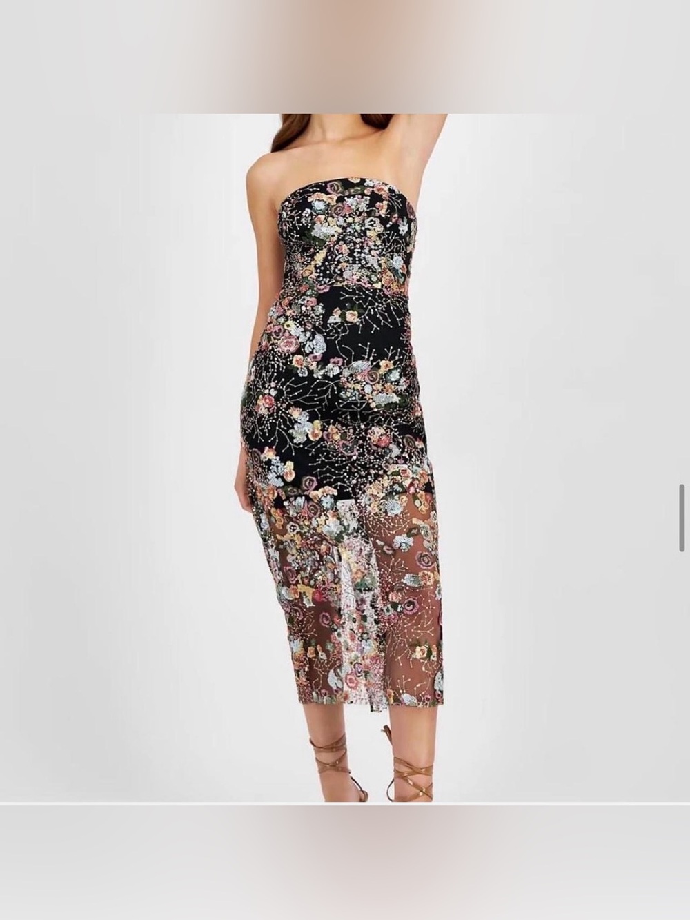 Sam Edelman Black Strapless Embroidered Floral Midi Dress